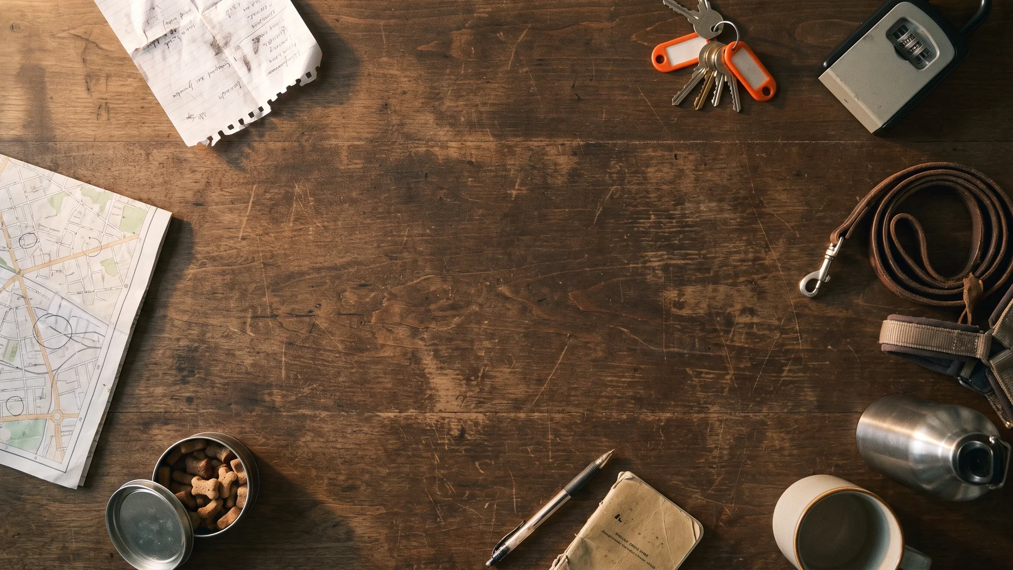 A torn-off run sheet on a wooden table, beside a ring of household keys on orange paper tags, a lockbox, a folded street map, a coiled lead and harness, a tin of treats and a visit-report notebook.